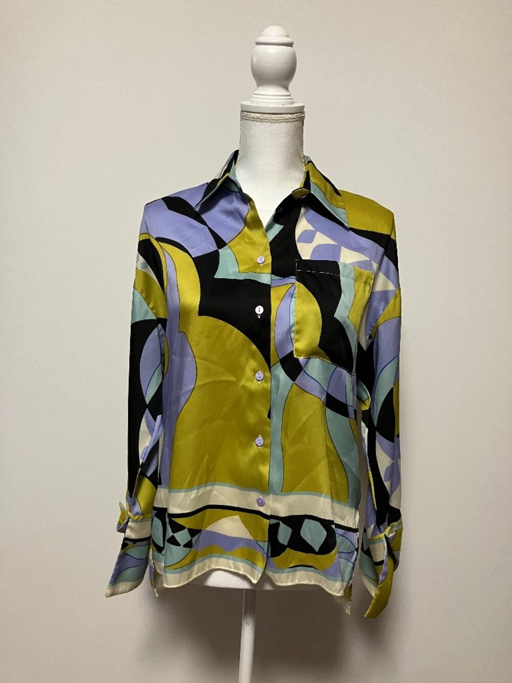 Zara Retro Abstract Geometric Print Satin Button Down Pocket Shirt Green Lilac